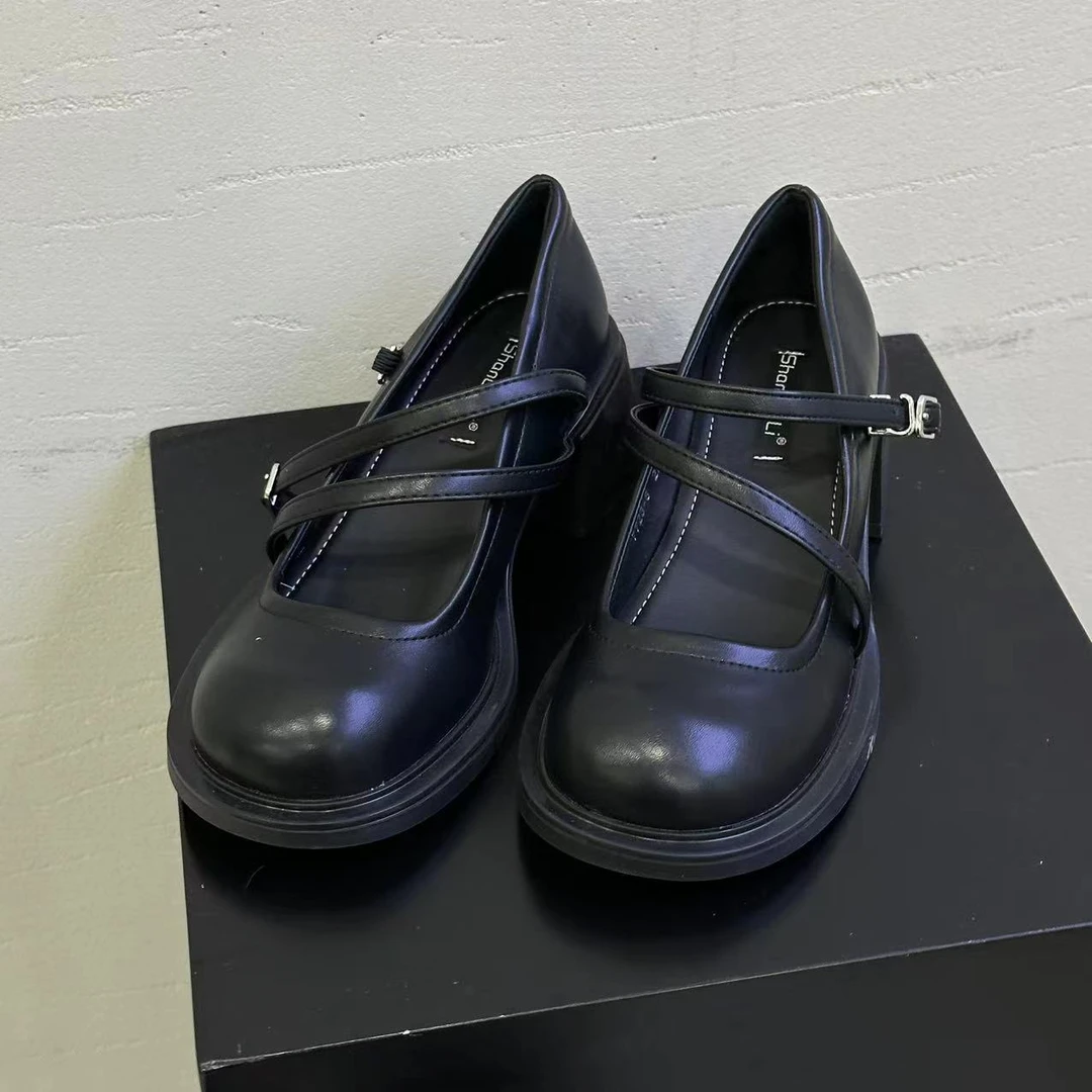 【 雨•美 推荐 】7723-8哑光黑百搭圆头厚底小皮鞋