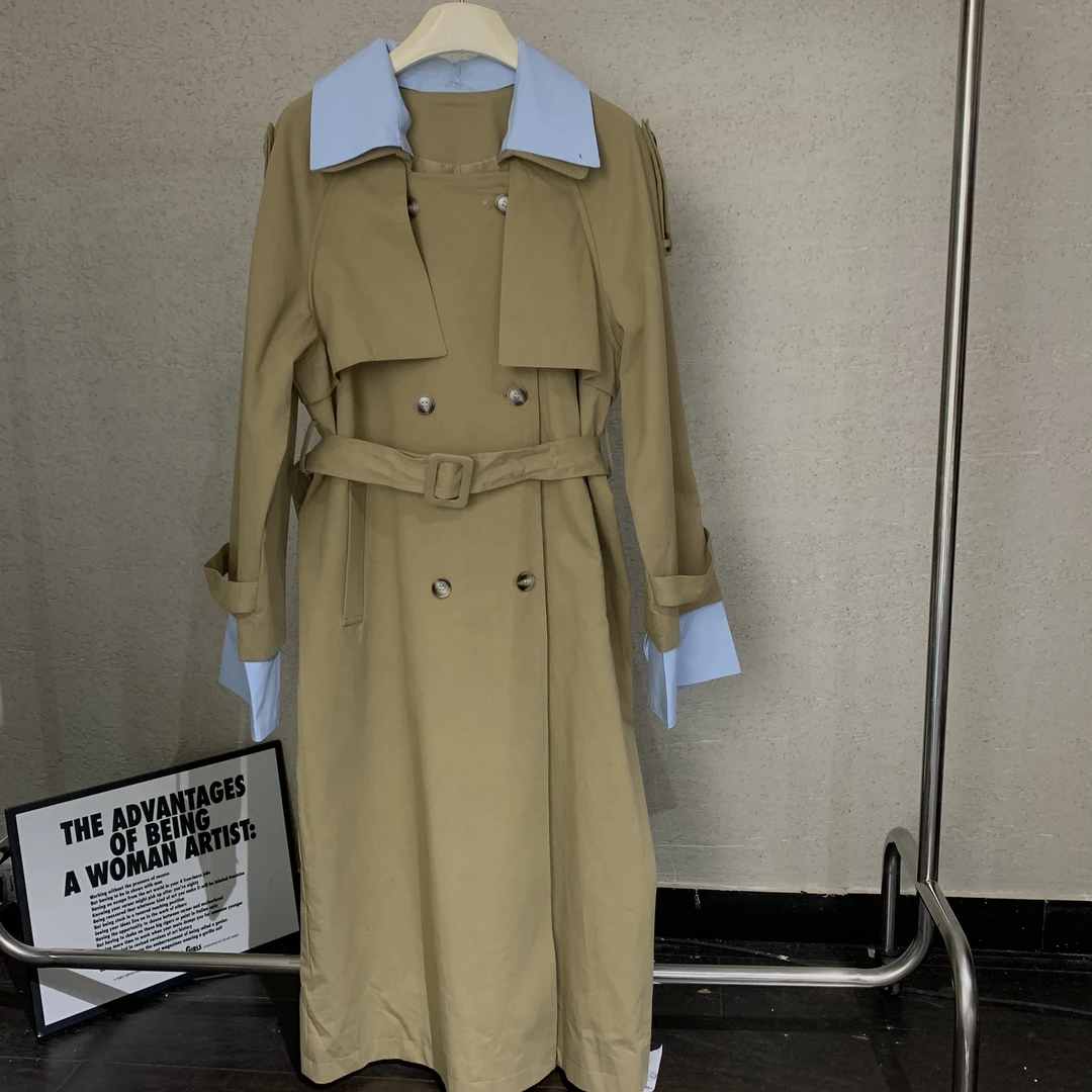 【 雨•美 推荐 】99153卡其色韩系时尚百搭拼接袖长款风衣
