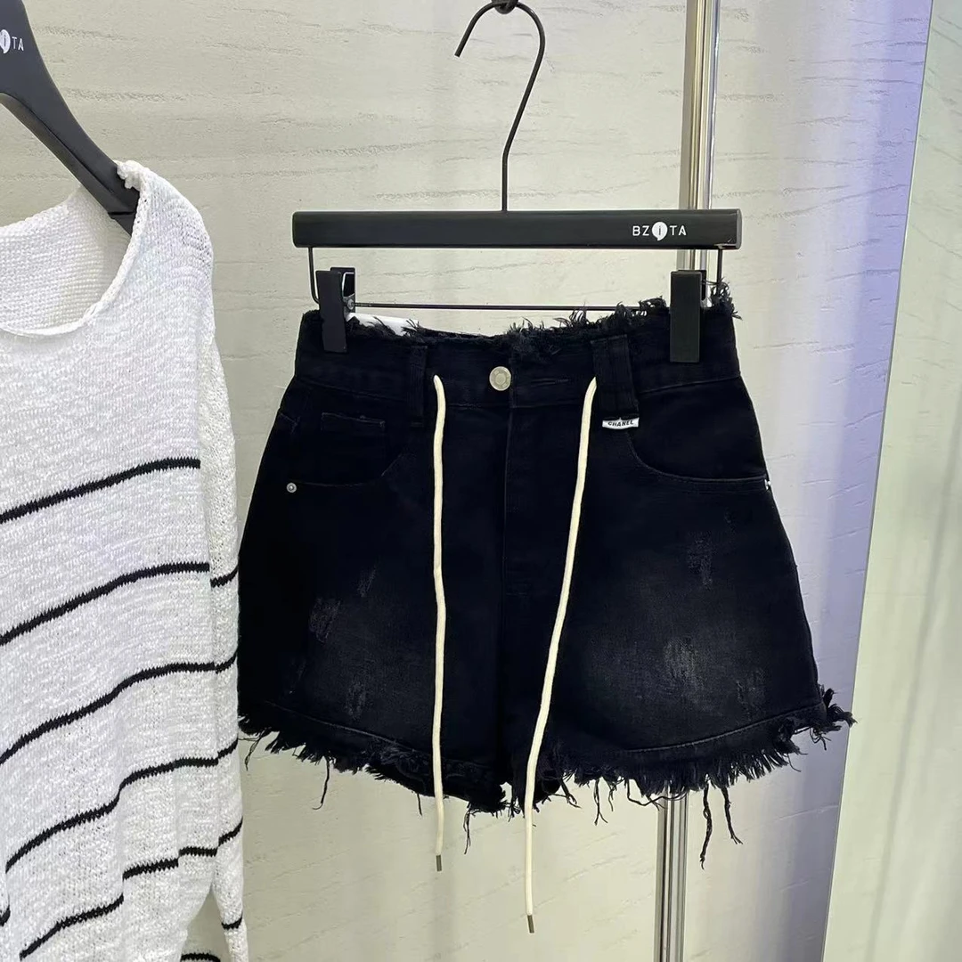 【 雨•美 推荐 】5283黑色高腰气质百搭毛边抽绳牛仔短裤