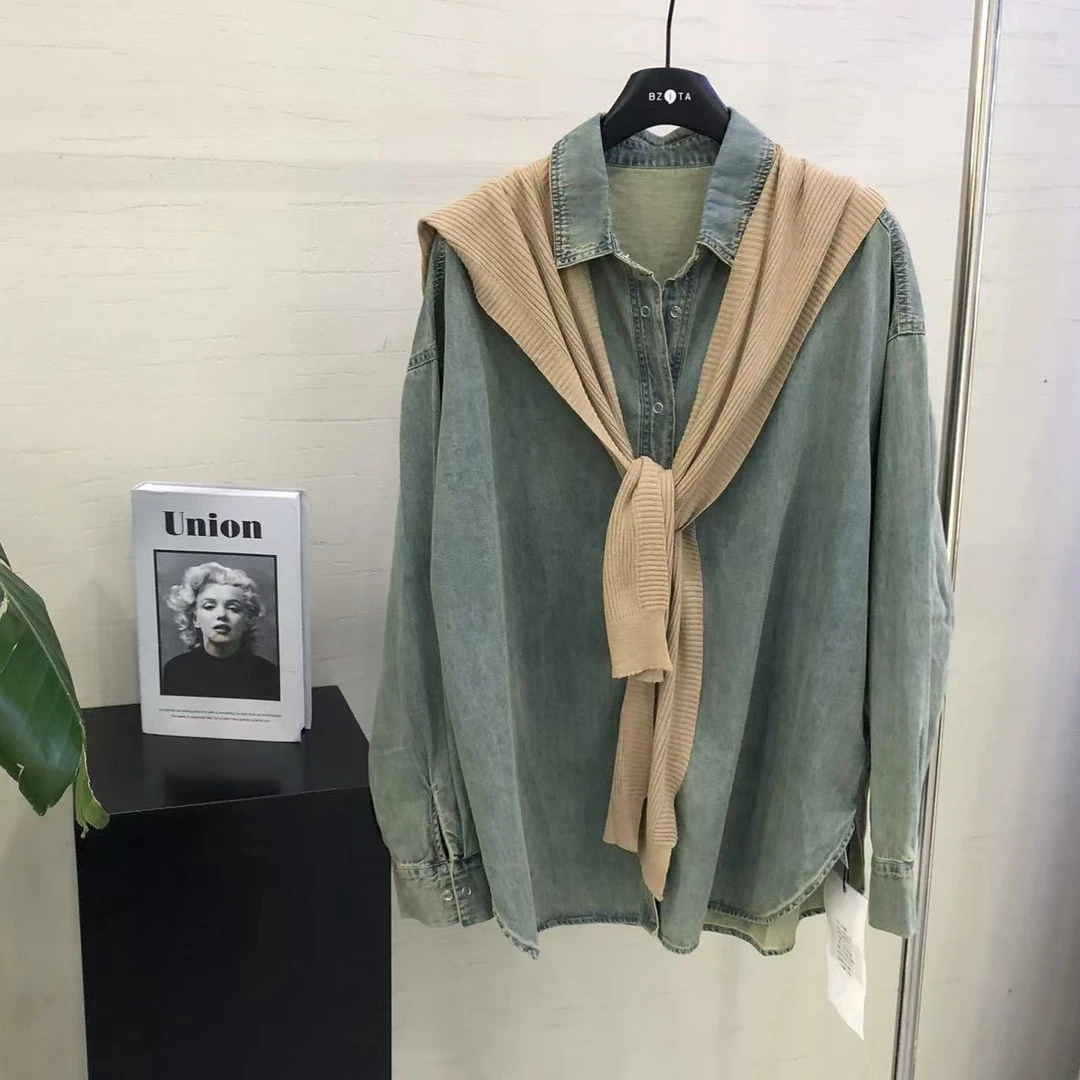 【 雨•美 推荐 】88223韩版简约牛仔大板披肩两件套