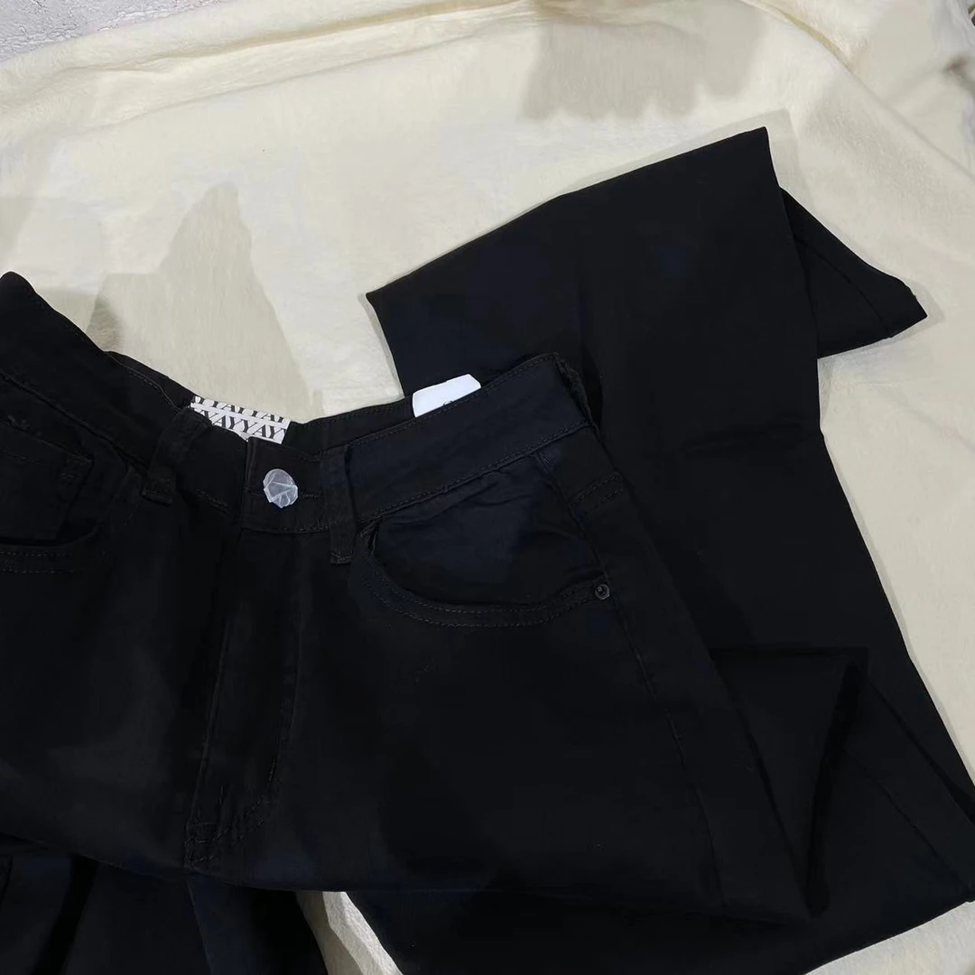 【 雨•美 推荐 】661680黑色高腰百搭显瘦牛仔直筒裤