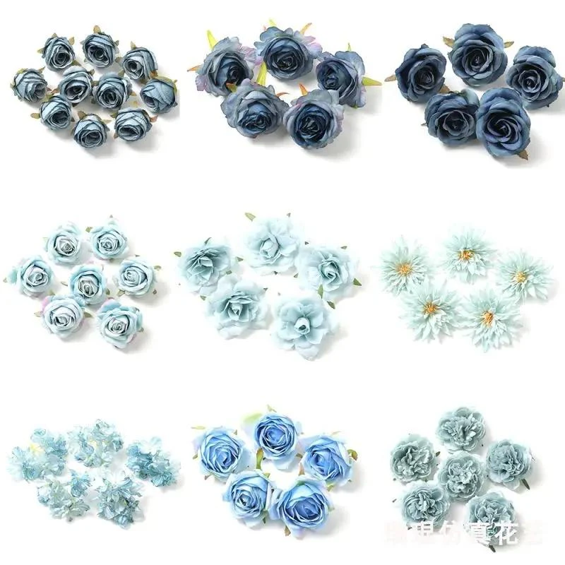 蓝色系仿真花朵玫瑰假花绢花diy手工花环材料汉服头饰发夹配件