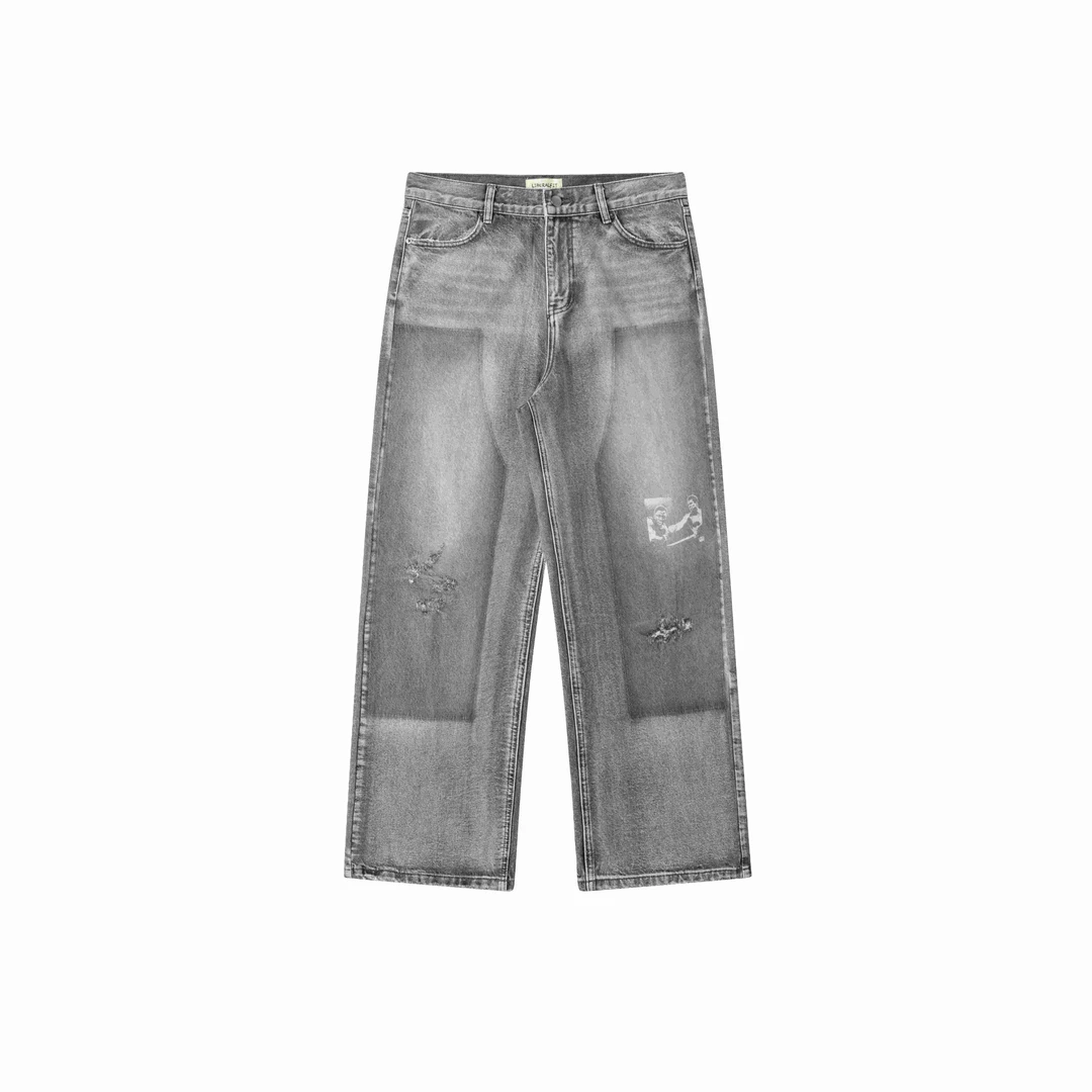 LIBERAFIT ＜阿里＞伐木贴布重洗水烙印 复古做旧破坏灰色牛仔裤
