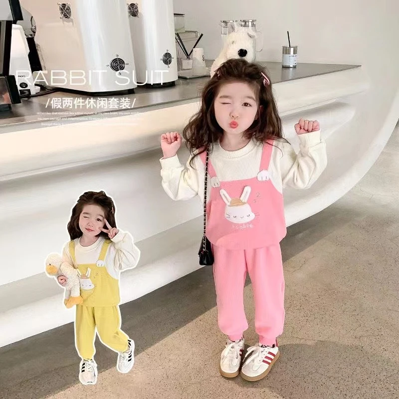 女童秋款套装假两件两件套小兔子上衣2024秋季新款休闲洋气运动