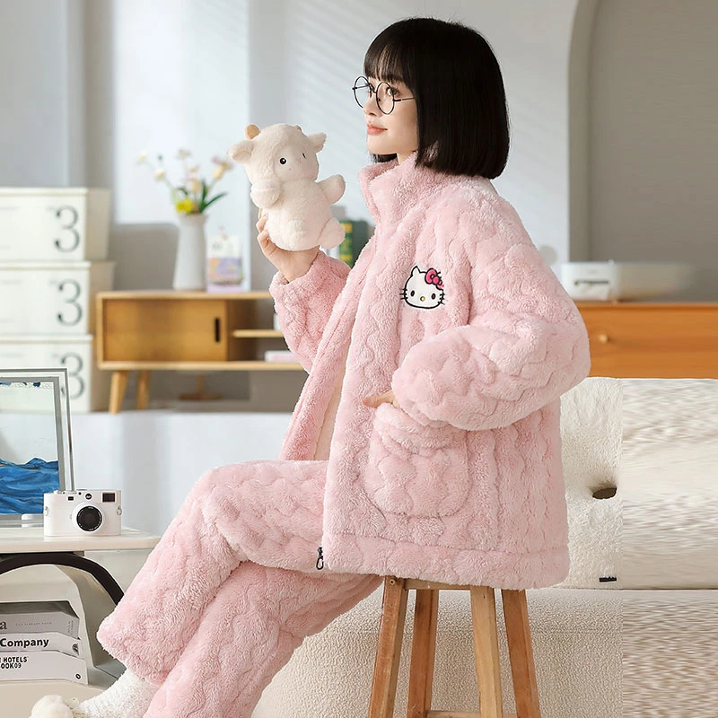 冬季新款三层夹棉睡衣女加绒加厚套装拉链立领保暖女士家居服睡袄