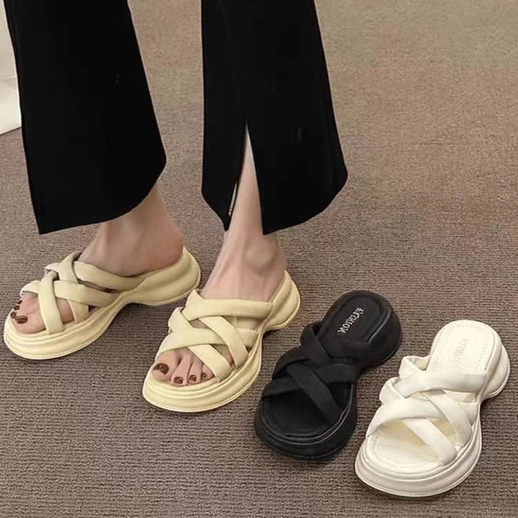 夏季外穿时尚厚底网红仙女风交叉 小众百搭ins拖鞋