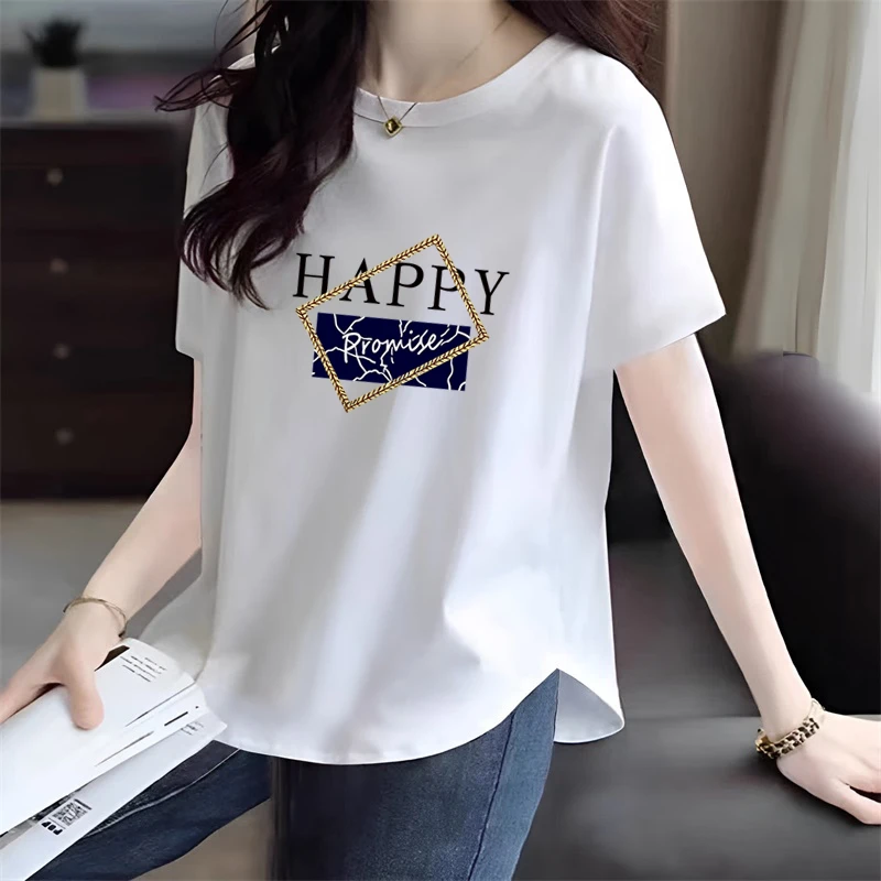 100%纯棉短袖t恤女2024夏季新款大码宽松显瘦弧形下摆半袖上衣服