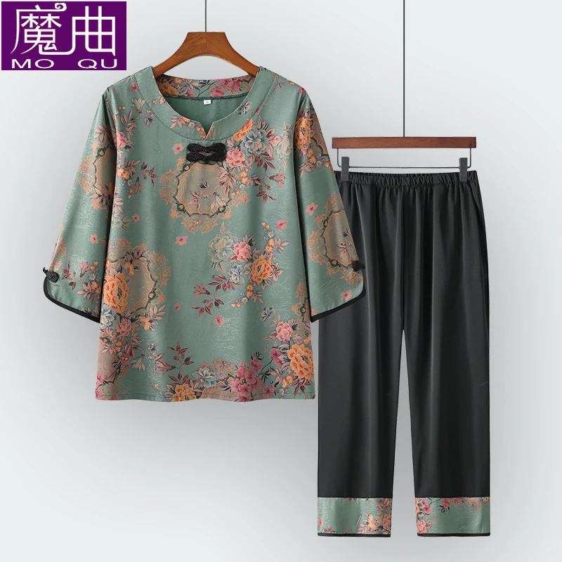 夏装奶奶短袖套装老太太夏季薄款衣服中老年人女妈妈装T恤两件套
