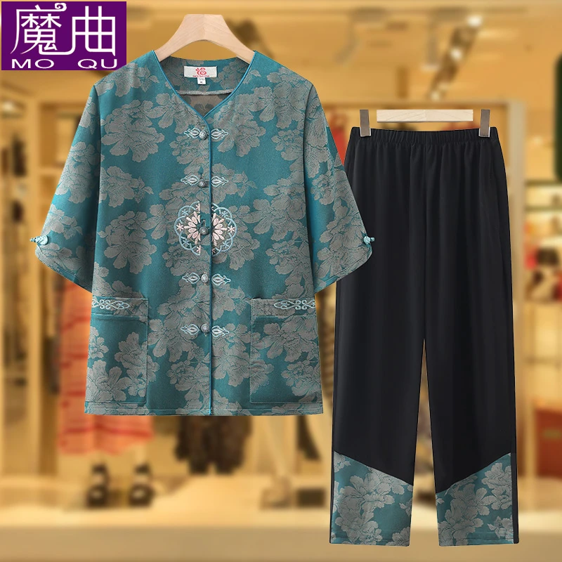 奶奶春装中袖套装中老年人衣服女60岁70妈妈上衣老太太洋气两件套