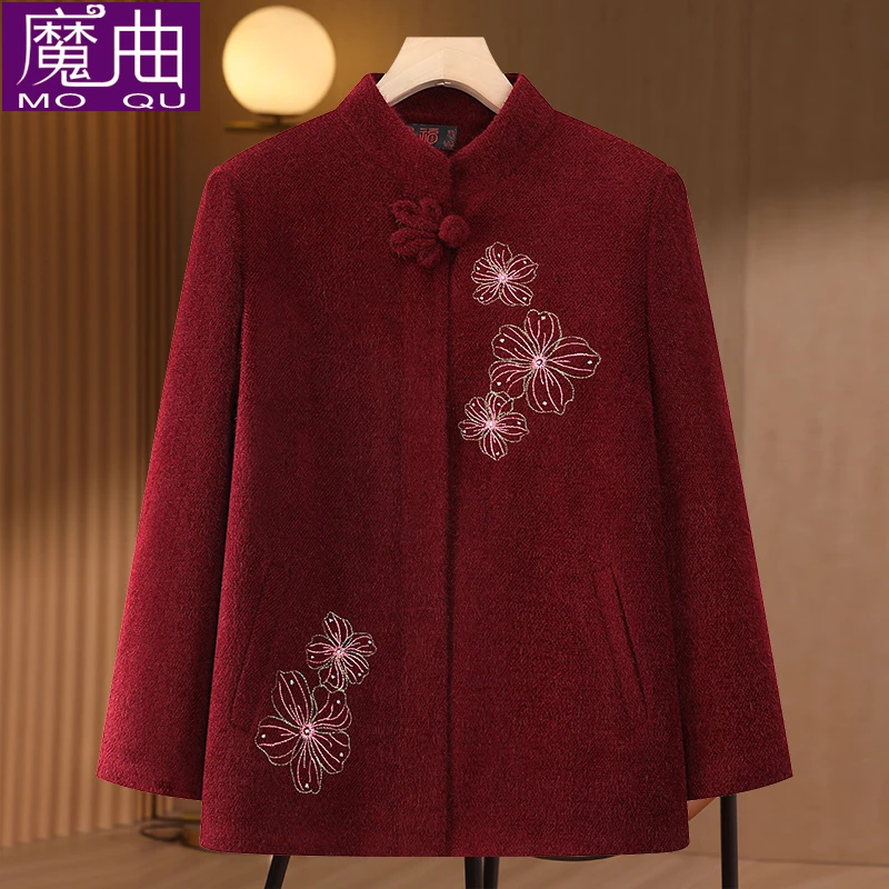 老人奶奶唐装秋冬外套女加绒加厚中老年人妈妈毛呢上衣老太太衣服