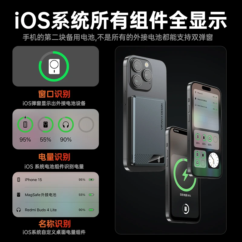 VFAN外接电池MagSafe超薄磁吸双弹窗电量显示无线移动电源不伤机