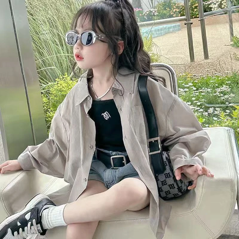 女童衬衫2024夏季新款中大童长袖薄款时髦防晒衬衣女孩夏装高能感