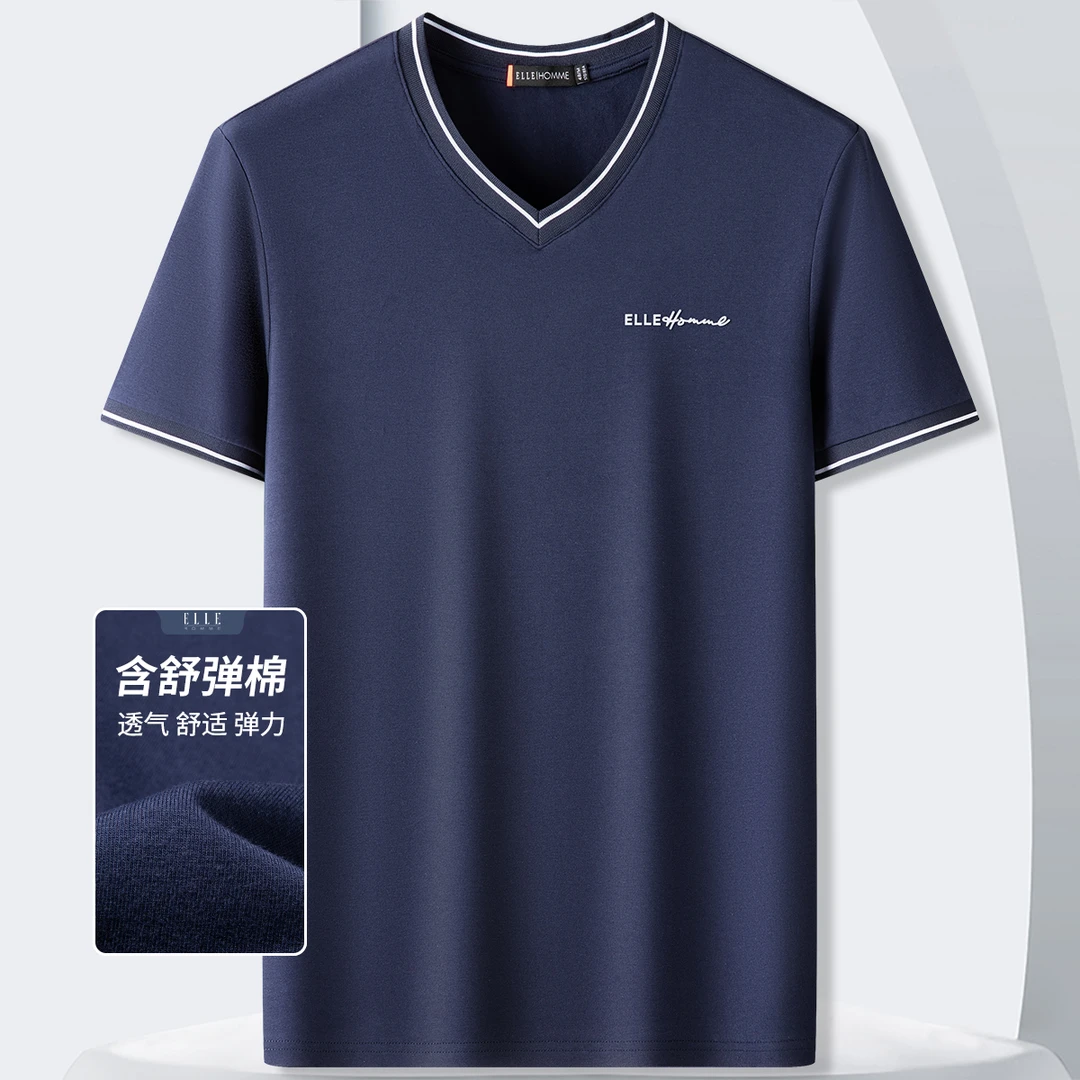 ELLE HOMME舒弹棉巴黎轻奢2024夏男士商务休闲鸡心V领短袖T恤413