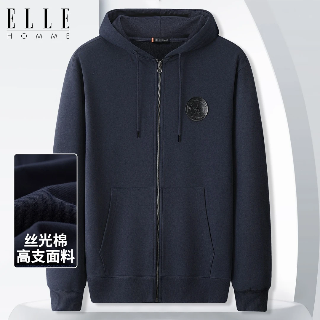 ELLE HOMME轻奢丝光棉皮标商务休闲连帽男装长袖开衫卫衣外套011