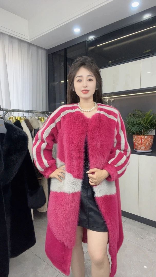 【婷婷推荐89158】冬季新款气质时尚长款外套韩版条纹拼接款