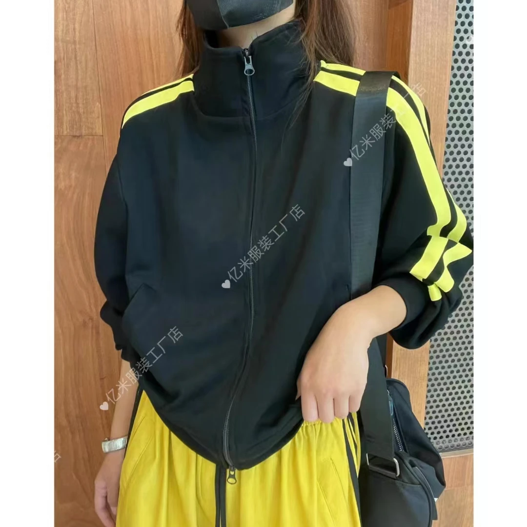 （潮九九.精选）春季女外套美式复古时尚撞色两条杠拉链长袖外套