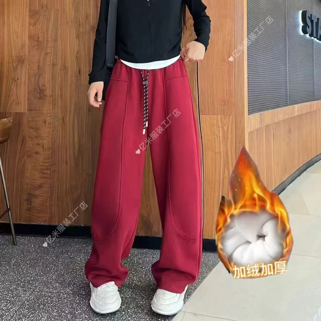 （潮九九.精选）加绒款宽松显瘦美式设计感弯刀休闲裤（加宝宝绒）