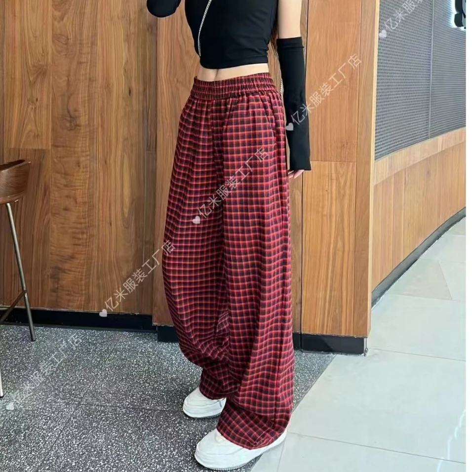 （亿米.定制）早春新款复古显瘦百搭高腰阔腿直筒格子裤