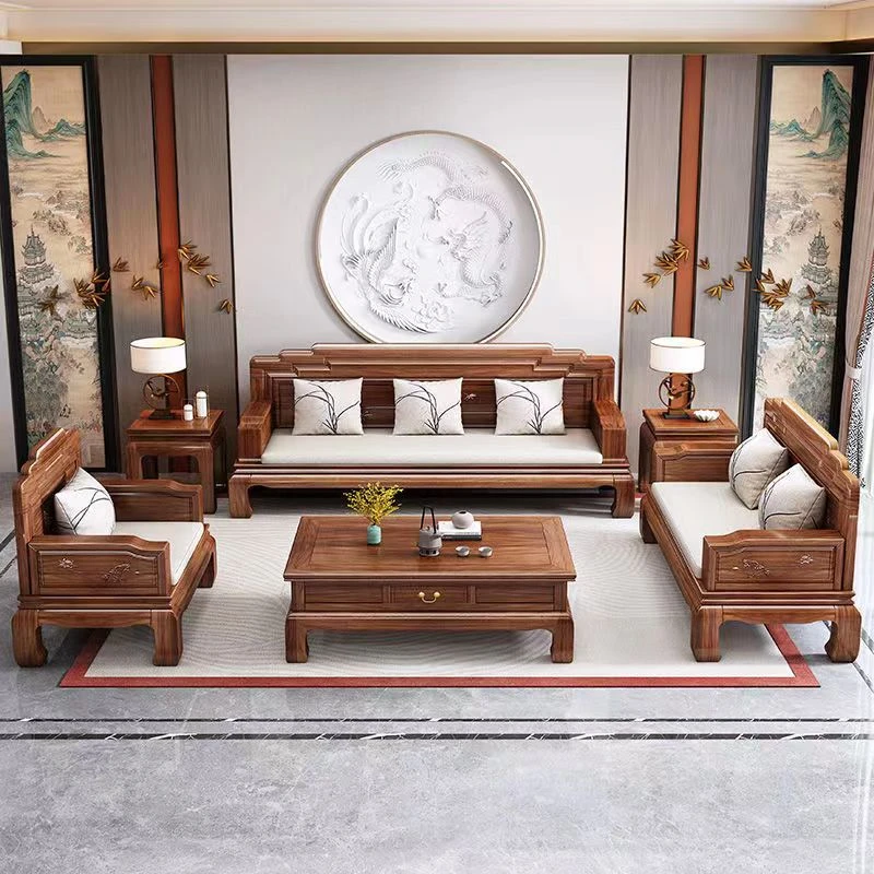 【花开富贵】客厅全实木菠萝格全套沙发组合两用雕花家用沙发