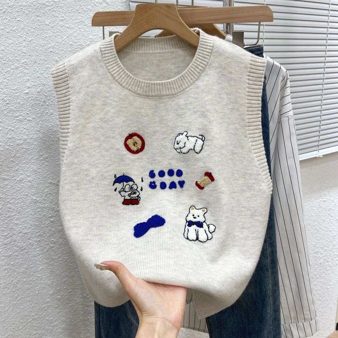 可爱刺绣苹果小狗马甲针织背心女内搭叠穿春秋新款学院风软糯马夹