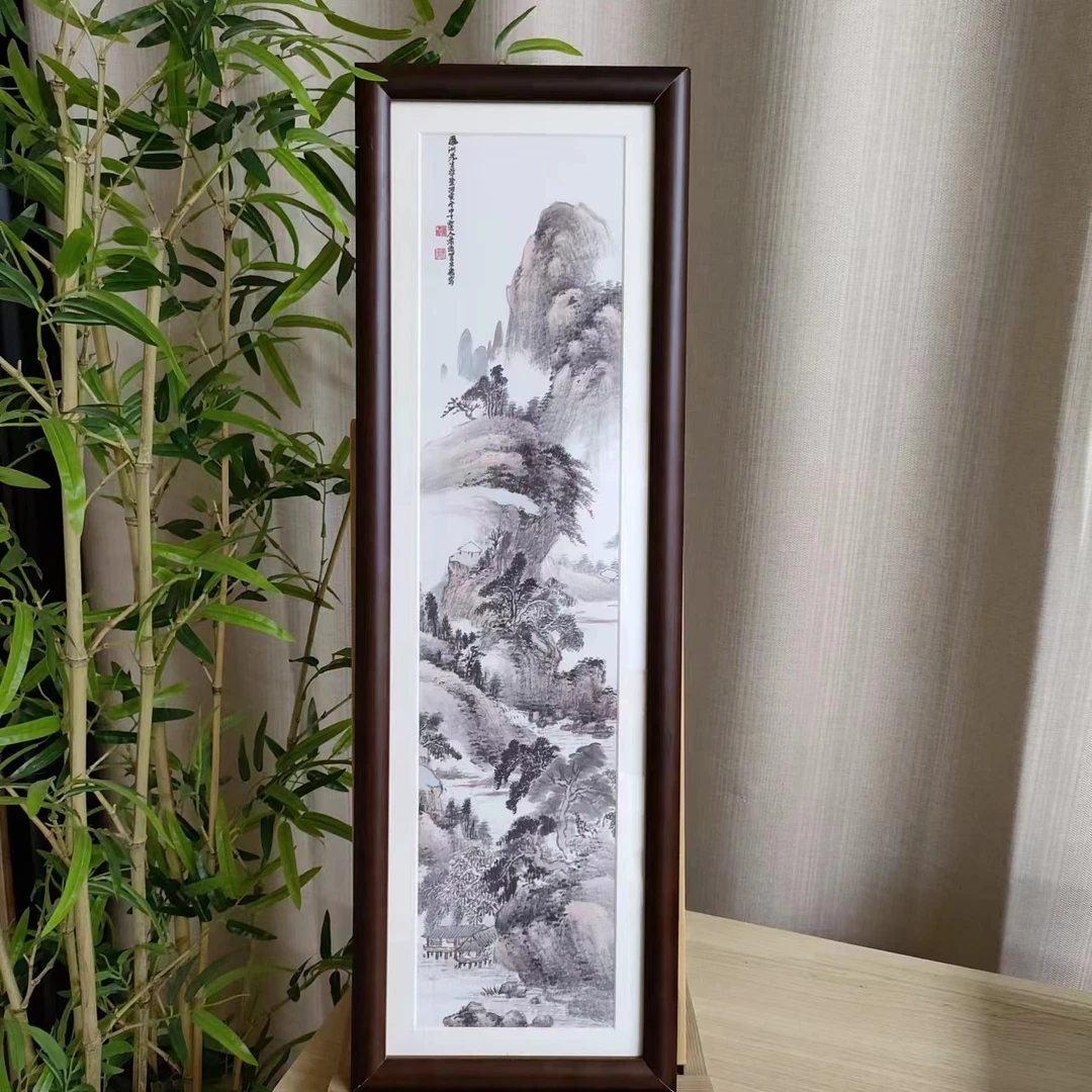 【652】20*70淡墨山水纯实木框茶室客厅家居装饰挂墙画
