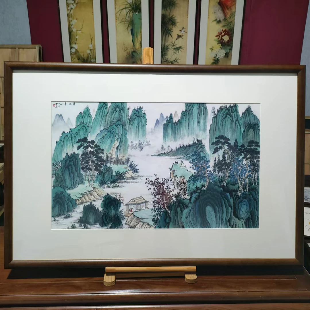 【205】60*90绿水青山图纯实木框茶室书房餐厅家居装饰挂墙画