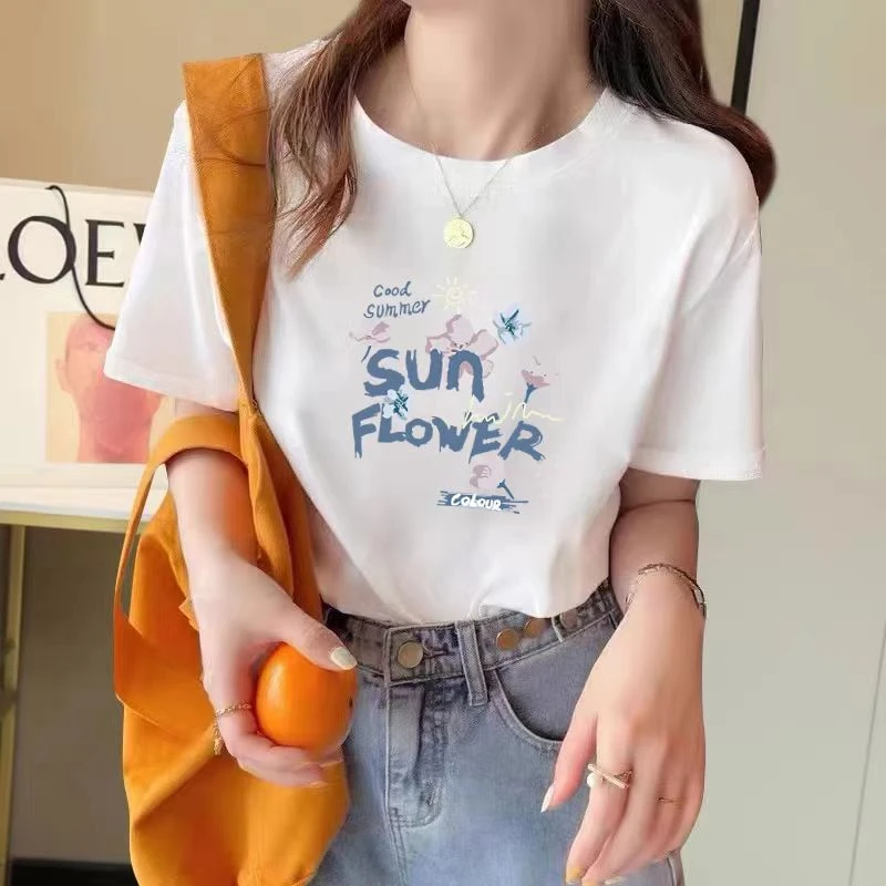 爆款2024时尚百搭设计感印花短袖男女同款宽松圆领韩版T恤G