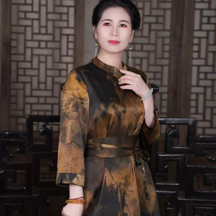 祥安姿服饰M【金辉】香云纱小圆立领系带腰封中长款连衣裙G501309-1