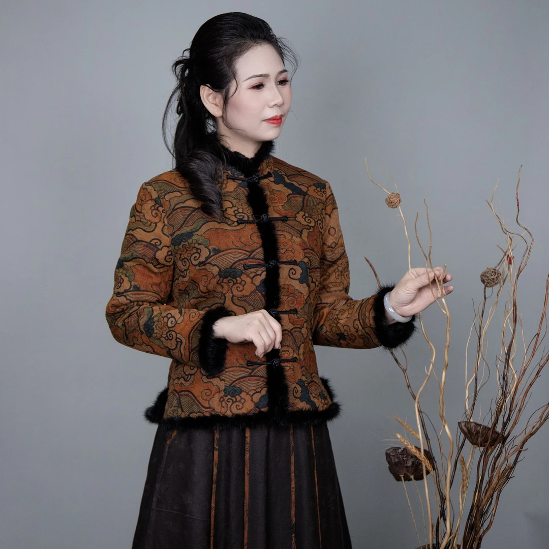 祥安姿服饰L【吉祥如意棉服】小立领水貂毛短款棉服 C359207M