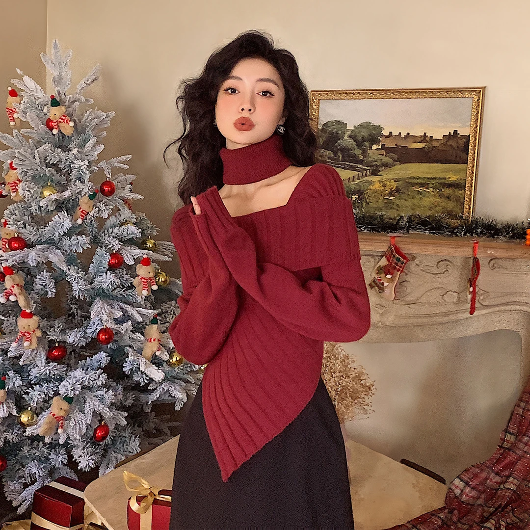 一字领露肩小香风别致绝美厚款毛针织衫上衣女2024秋冬款红色衣服