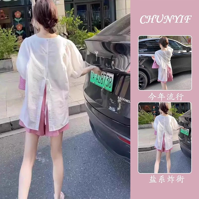 女装2025新款夏装高级感超好看后背开叉短袖衬衫显瘦减龄短裤套装