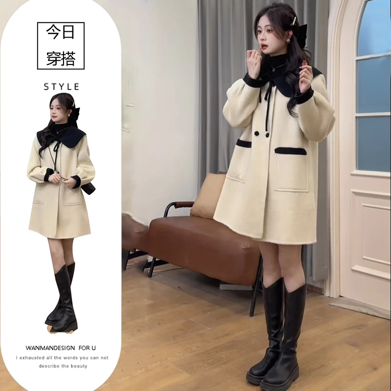 2025秋冬设计感别致娃娃脸撞色拼接外套欧美宽松小个子保暖大衣女