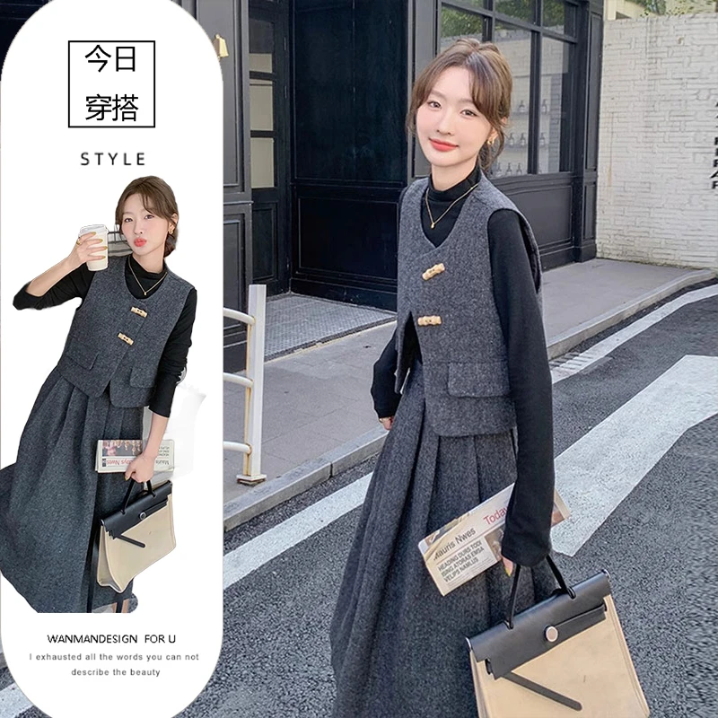 小香风毛呢马甲套装裙女2024新款入秋气质穿搭高级感半身裙三件套