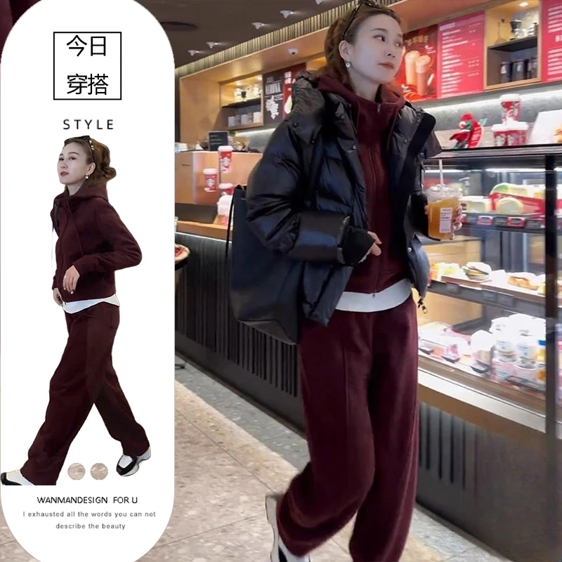 酒红色休闲运动套装女2025秋季新款拉链连帽卫衣外套直筒阔腿卫裤