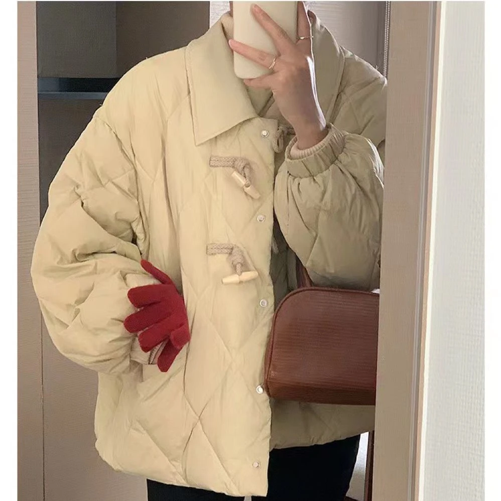 棉衣女翻领菱形格牛角扣短款时尚韩版气质优雅显瘦遮肉秋冬棉服潮