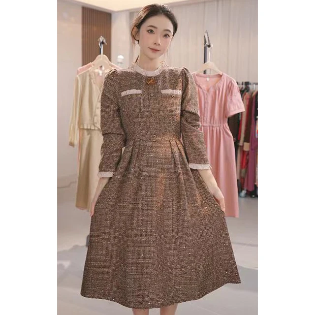 L191重工面料新中式气质中长款大码法式连衣裙收腰遮字显瘦连衣裙