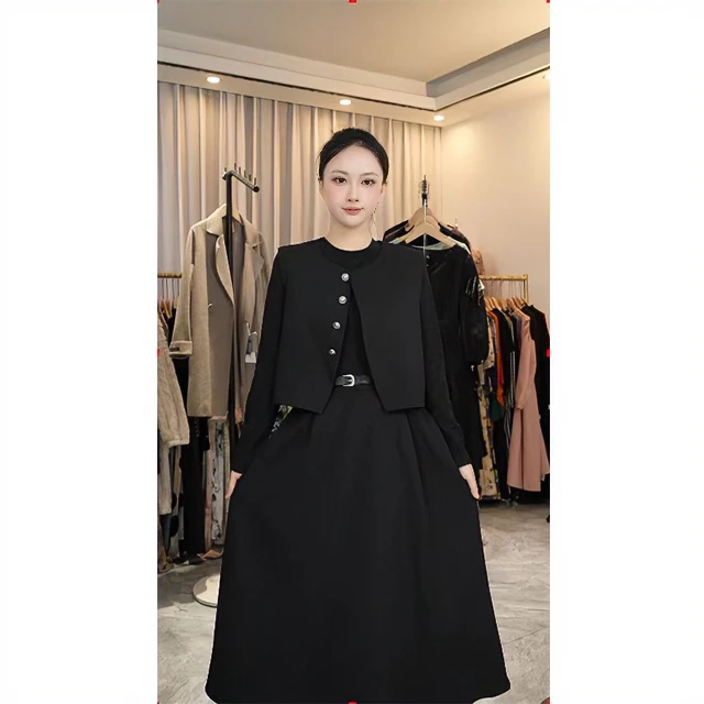 L160时尚赫本风显瘦黑色中长款大码法式连衣裙气质收腰遮字连衣裙