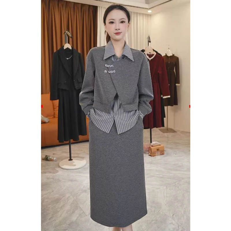 L7115套装女2024秋季新款洋气假两件拼接上衣显瘦半身裙两件套