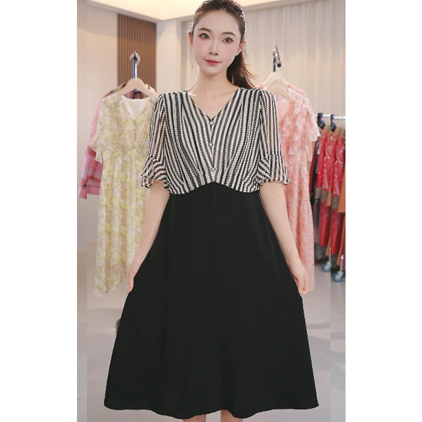 L891条纹拼接中长款大码法式连衣裙收腰遮字气质显瘦连衣裙女