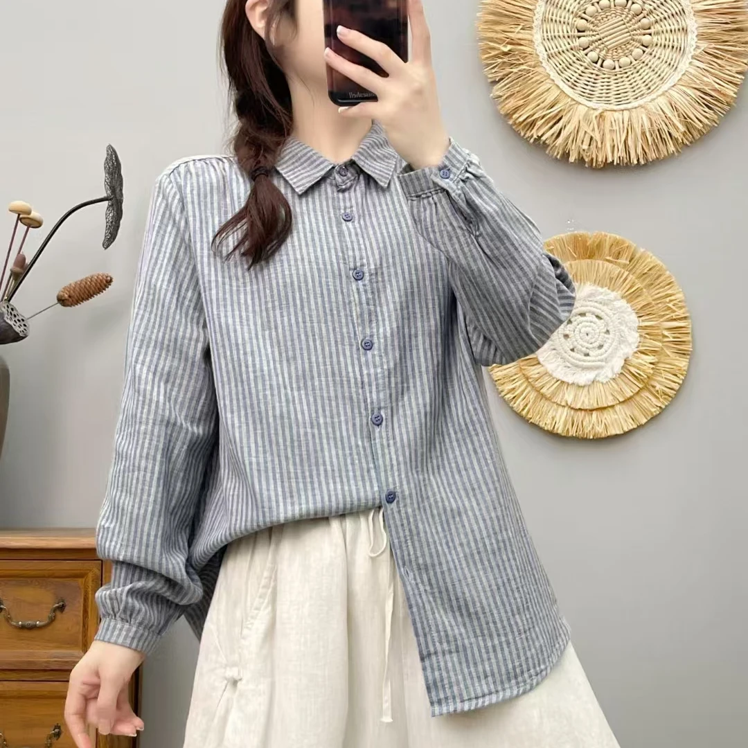 双层棉纱色织竖条纹复古文艺休闲女士2025春秋新款衬衫上衣9531