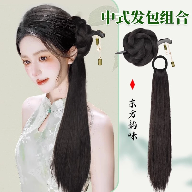 新中式假发辫子女古风发圈马尾仿真丸子头发包旗袍汉服假发辫马尾