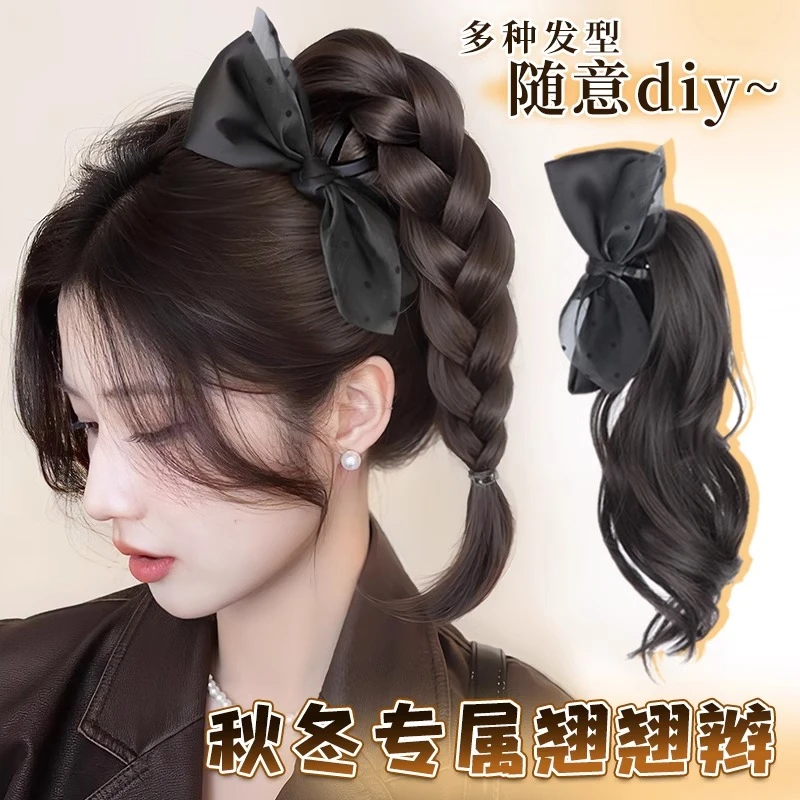 假发辫子女高马尾波点蝴蝶结麻花翘翘辫仿真发自然抓夹假发辫马尾