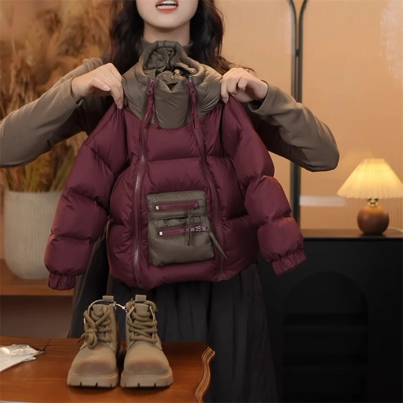 yt24秋冬洋气新款冬季女童男童撞色拼接双拉链连帽棉百搭加厚棉衣