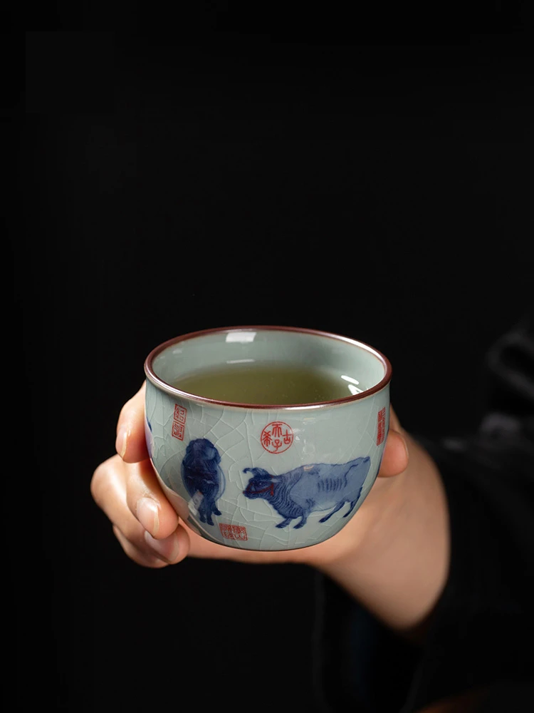 老陶泥青花瓷五牛图主人杯缸杯家用陶瓷个人杯品茗杯功夫茶碗茶盏