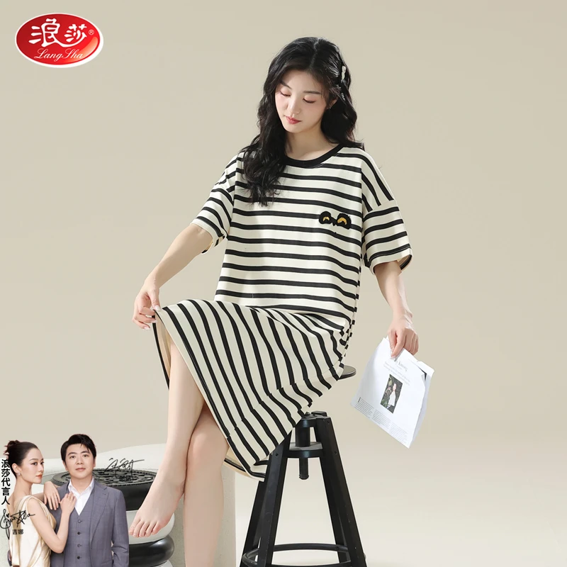 浪莎夏季天爆款纯棉女睡裙100%全棉睡衣2025新款可外穿家居服大码