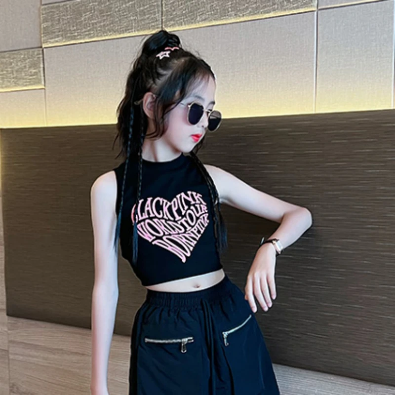 女童工字短款背心爵士舞街舞服装潮酷夏季无袖背心辣妹装漏脐上衣