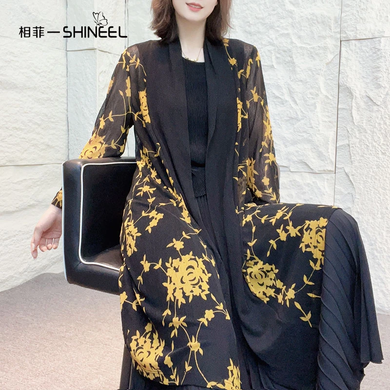 相菲一2023新款时尚夏季防晒气质百搭休闲宽松印花中长款网纱开衫