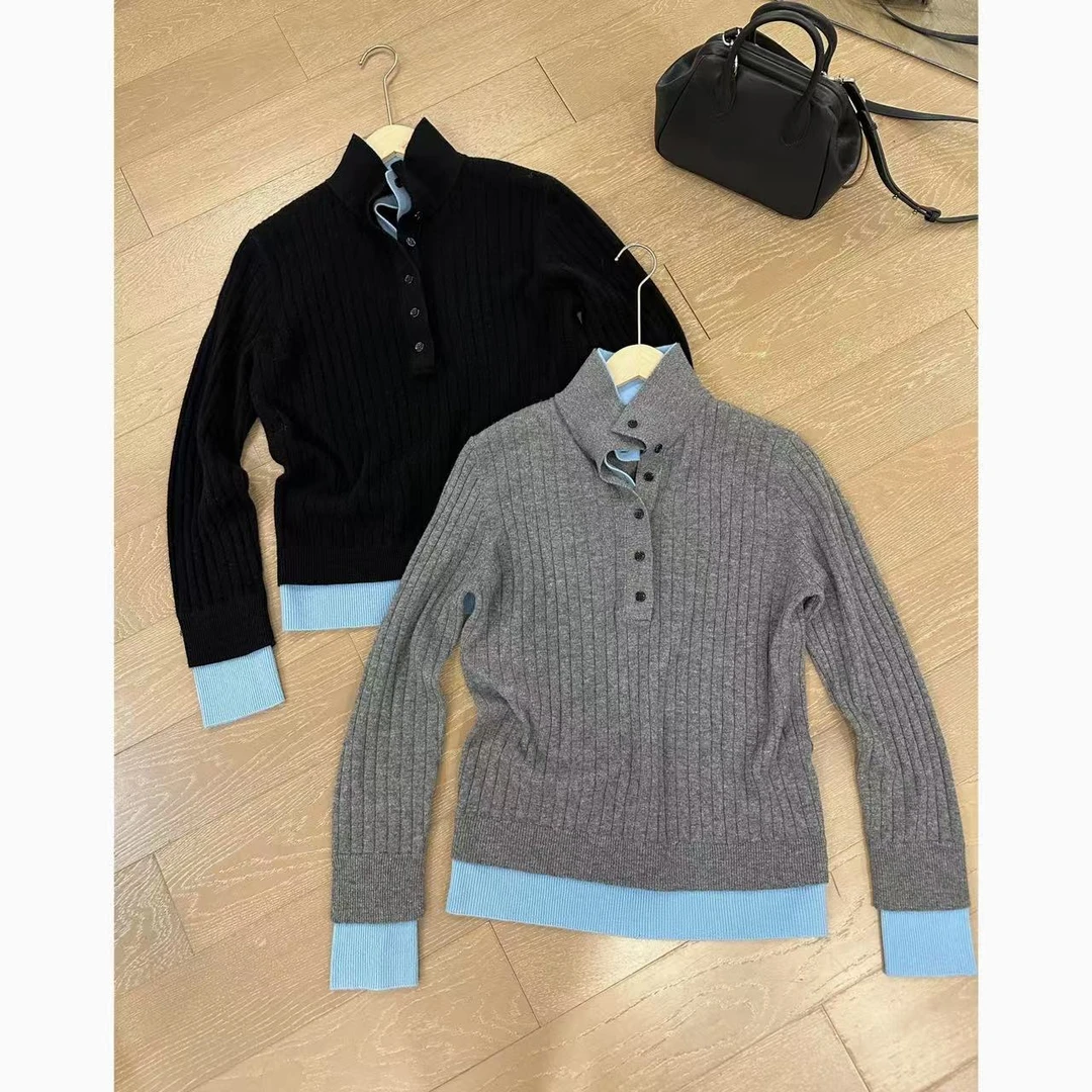 小静静一会【双领撞色毛衣】秋冬设计感竖纹针织衫 2411B5376
