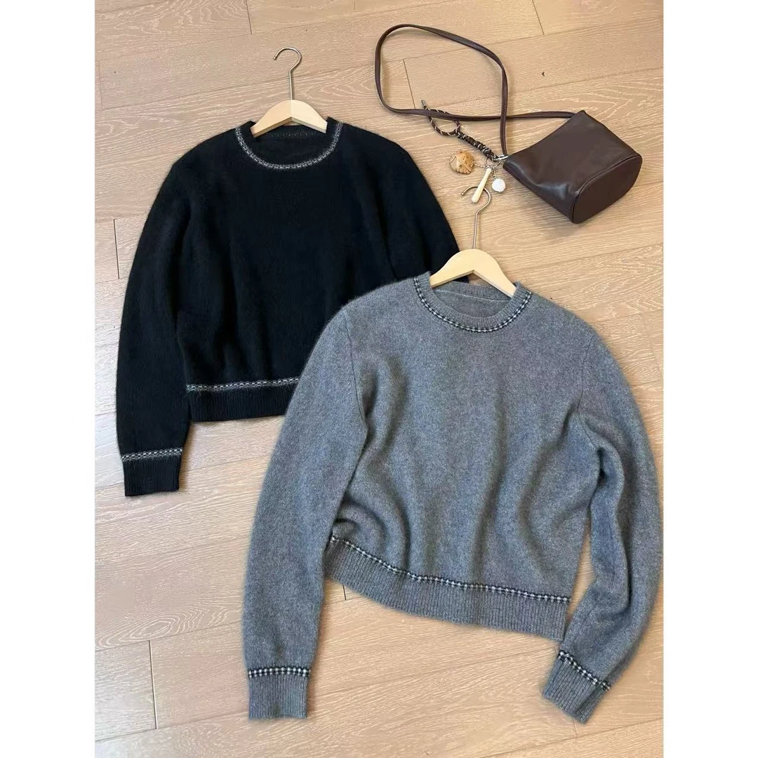 小静静一会【明线拼色毛衣】秋冬圆领慵懒针织上衣 2410B4748