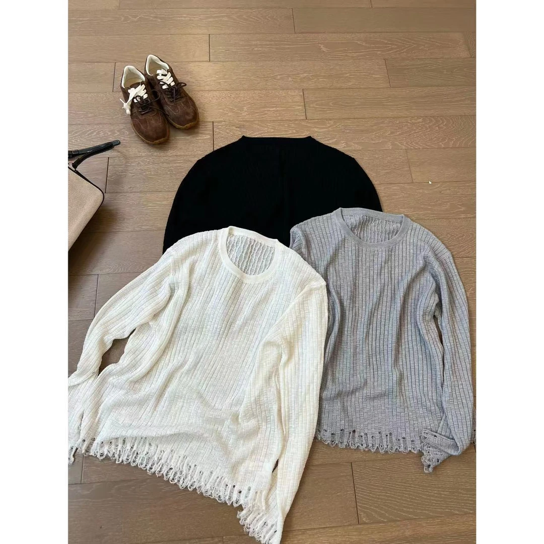 HAN YU 2024早秋 竖坑条下摆破坏拉毛打底针织衫 2407B3096